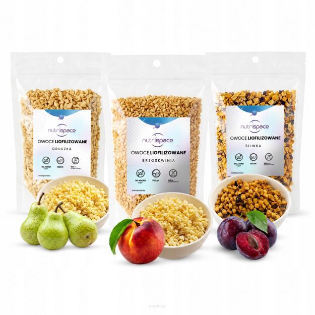 Owoce liofilizowane MIX Śliwka Gruszka Brzoskwinia 3x50g grys do owsianki