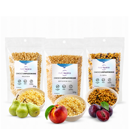 Owoce liofilizowane MIX Śliwka Gruszka Brzoskwinia 3x50g grys do owsianki