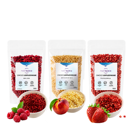 Owoce liofilizowane MIX Malina Brzoskwinia Truskawka 3x50g grys do owsianki