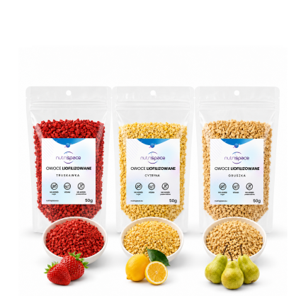 Owoce liofilizowane MIX Truskawka Cytryna Gruszka 3x50g grys do owsianki